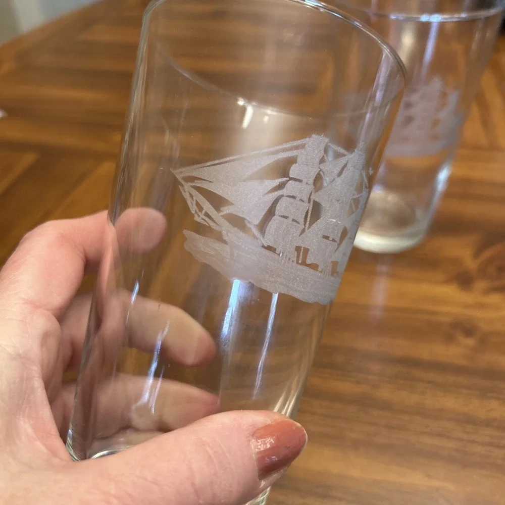 Vintage Clear Glass‎ Beer Glass Tumbler Water Sail Boat Ship Viking Set 2